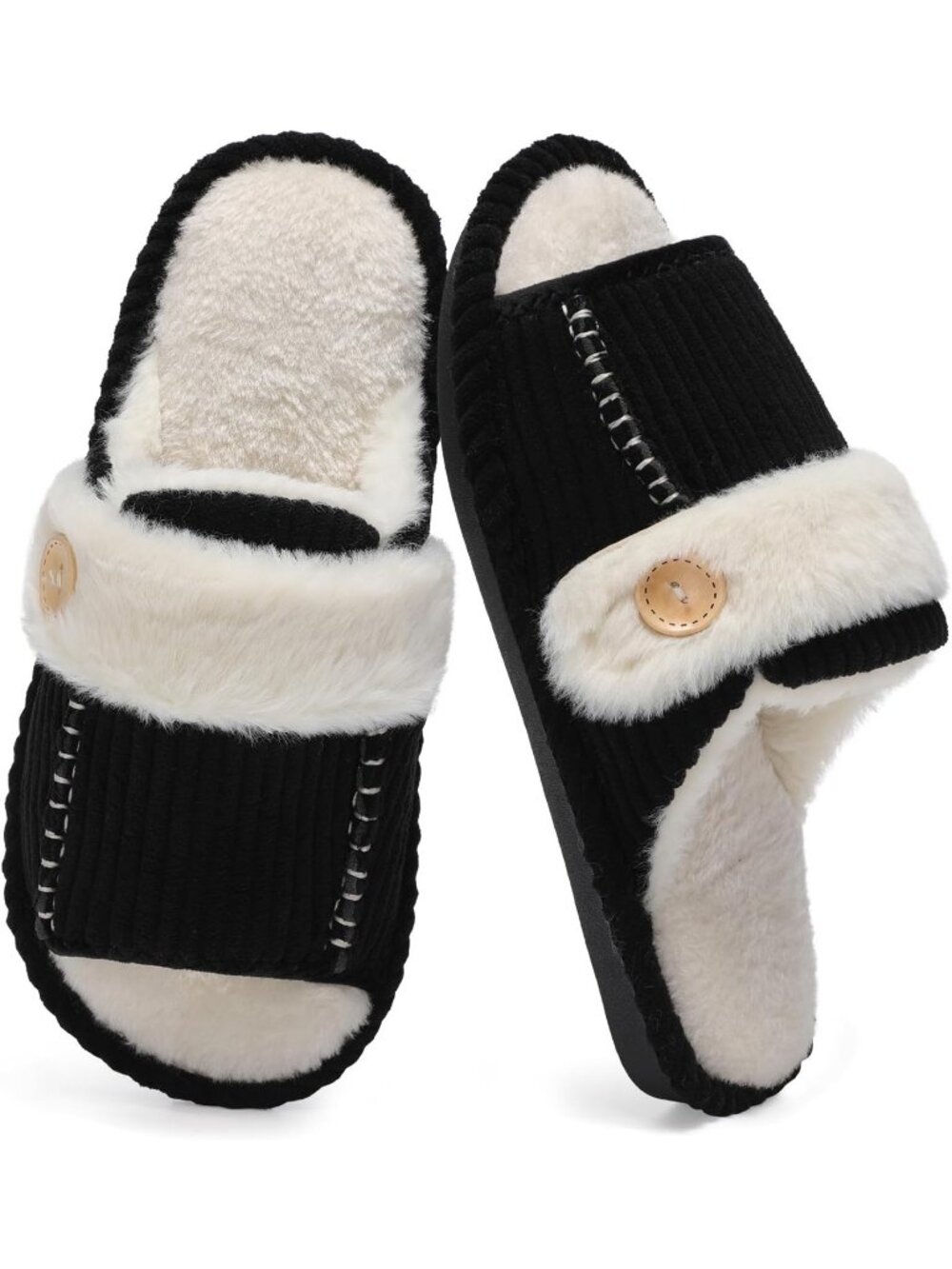 Women's Black Fuzzy Open Toe Slippers Memory Foam Faux Fur House Non-slip Shoes